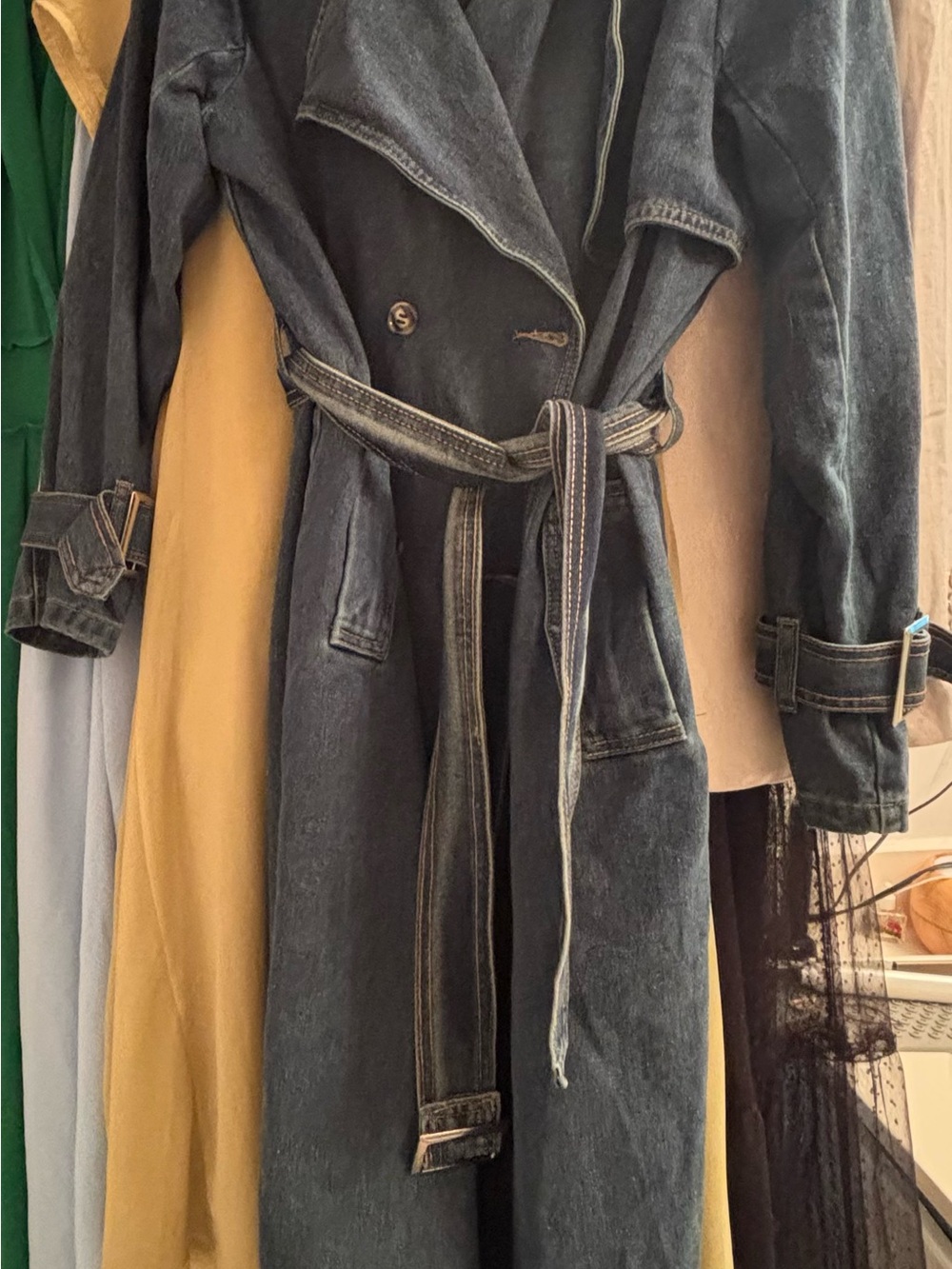 Dark Blue Denim Trench Coat with Self-Tie Belt